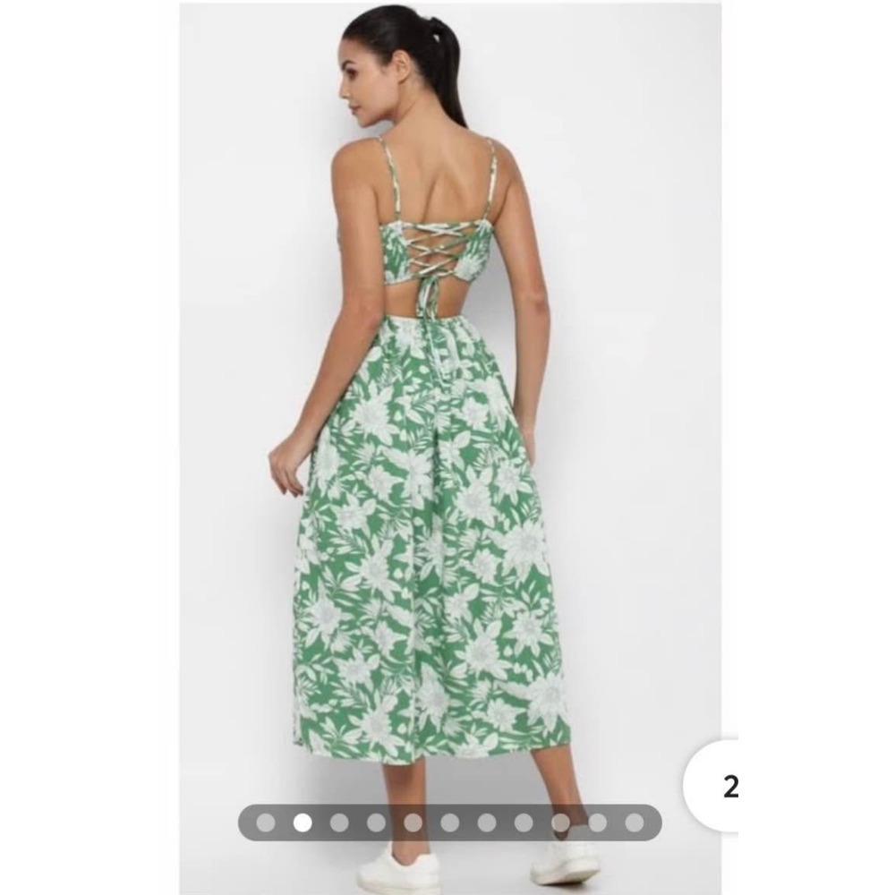 American Eagle Green Floral Tropical Corset Back Cut Out Midi Dress Medium - Picture 5 of 10
